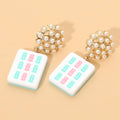 Mint Pearl Mahjong Tile Charm Drop Dangle Earrings