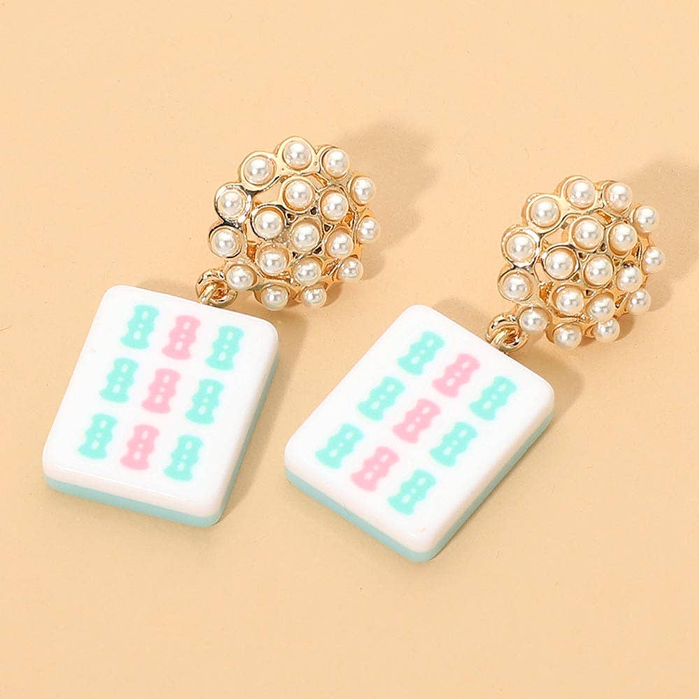 Mint Pearl Mahjong Tile Charm Drop Dangle Earrings