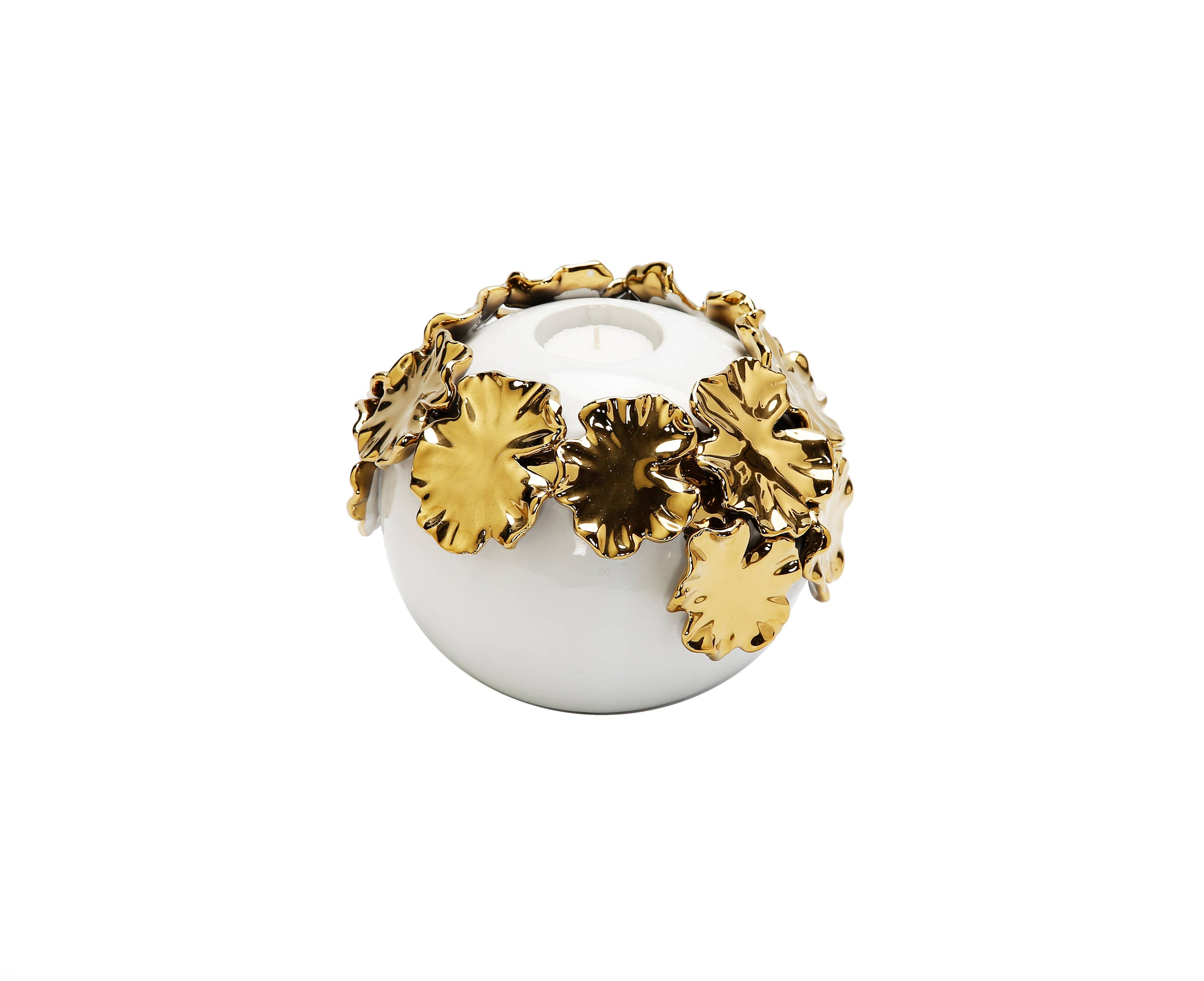 White Ceramic Candle Holder Gold Flower Design: Medium