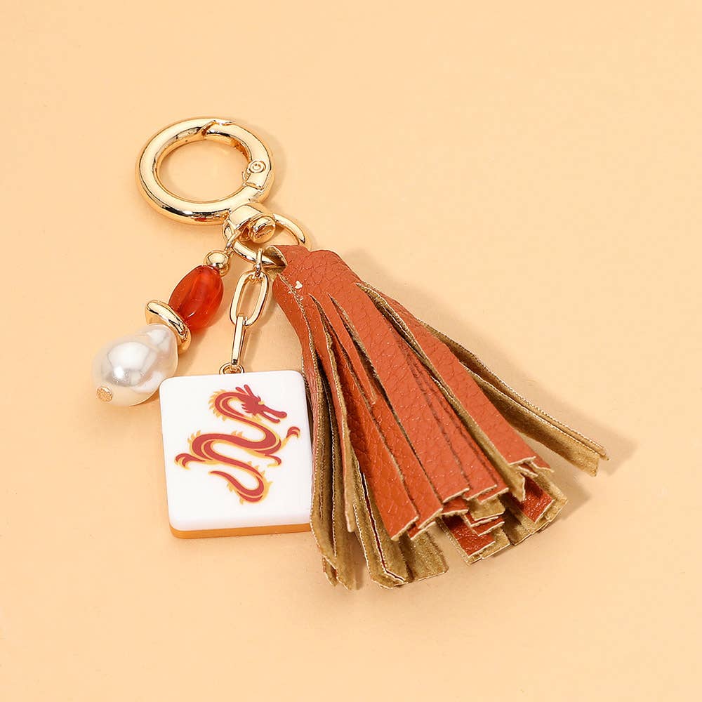 Camel Color Mahjong Tile Pearl Charm Faux Leather Tassel Keychain