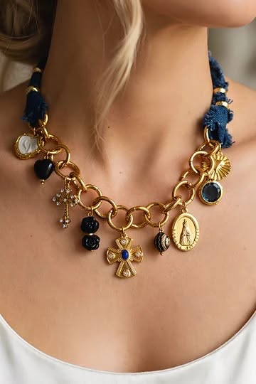 Faith Statement Charm Denim Wrapped Necklace
