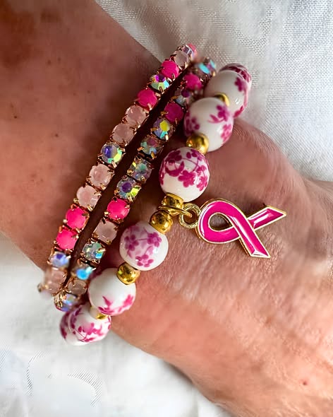 Crystal & Floral Beaded Breast Cancer Awareness Bracelet
