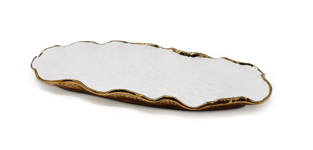 White Oval Tray New Bone China with Gold Scalloped Edge