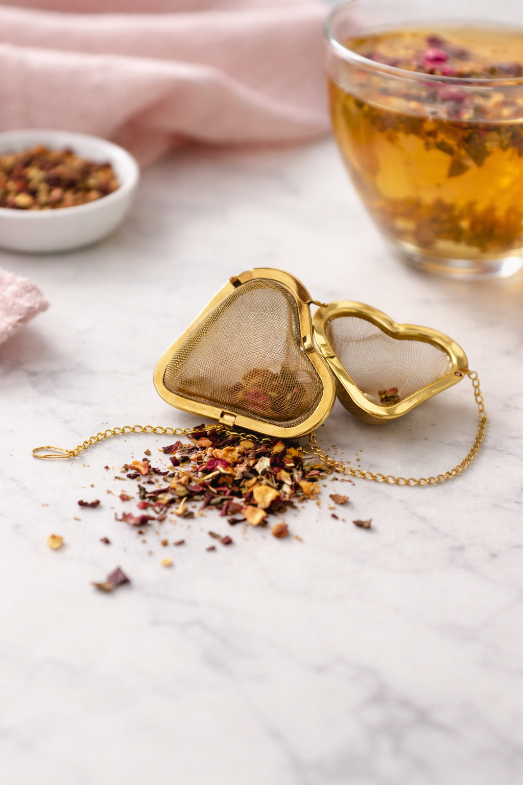 Heart Shaped Tea Infuser Stainless Steel with Chain Golden