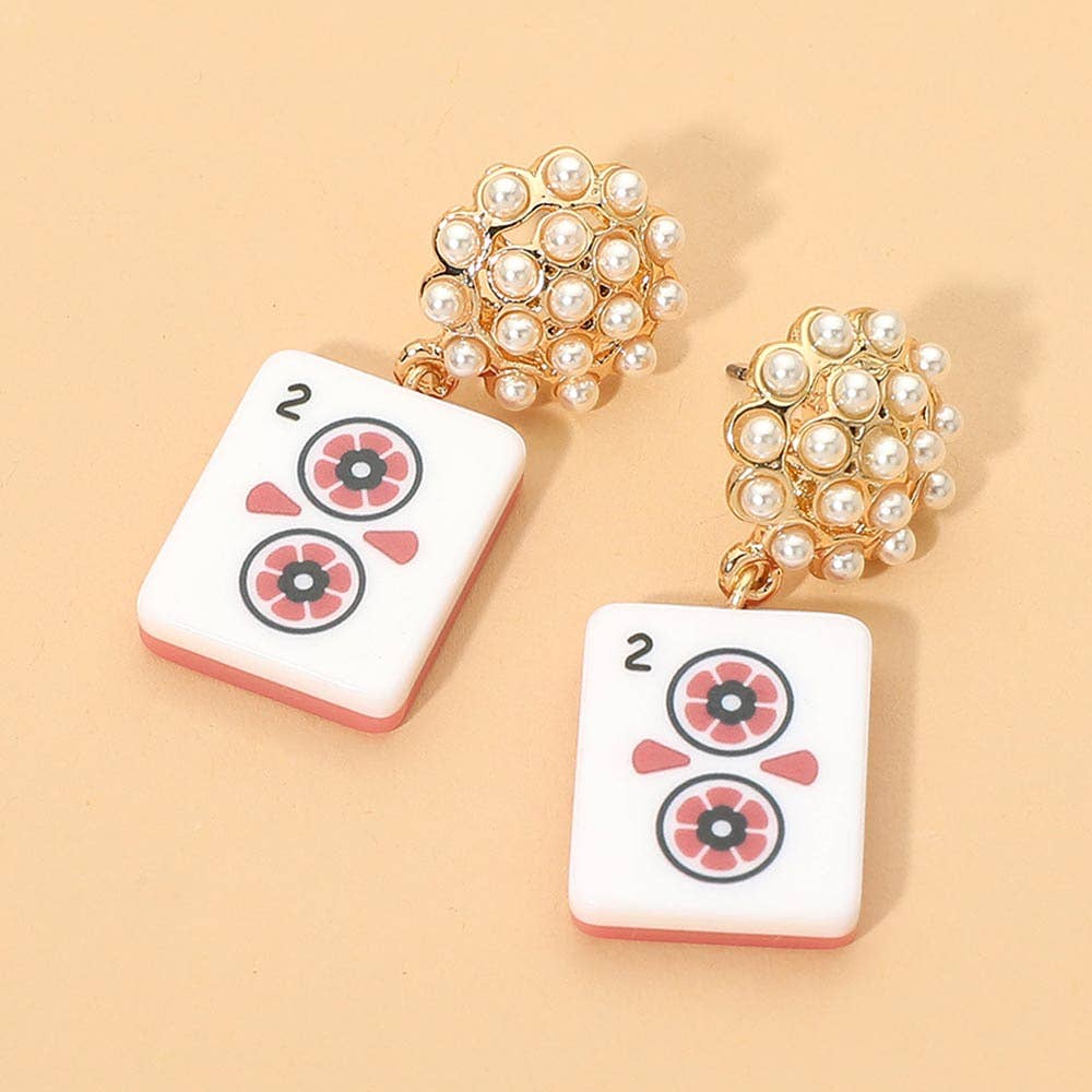 Pink Pearl Mahjong Tile Charm Drop Dangle Earrings
