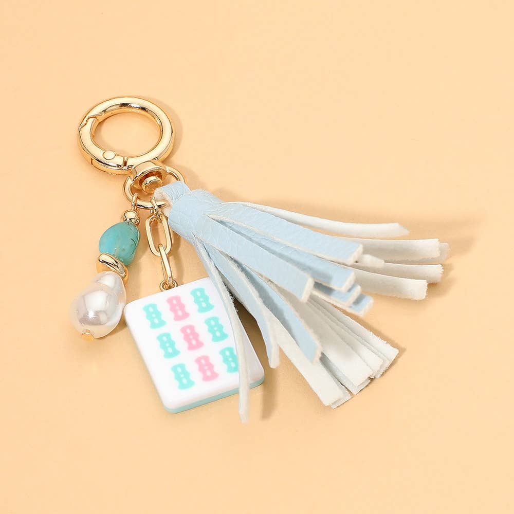 Mint Mahjong Tile Pearl Charm Faux Leather Tassel Keychain