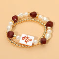 Brown 2pc- Mahjong Tile Pearl Beaded Stretch Multi Layered Bracelets
