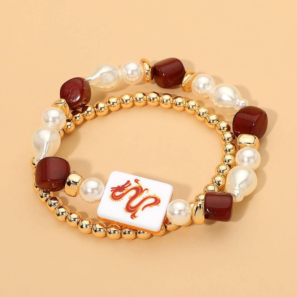 Brown 2pc- Mahjong Tile Pearl Beaded Stretch Multi Layered Bracelets