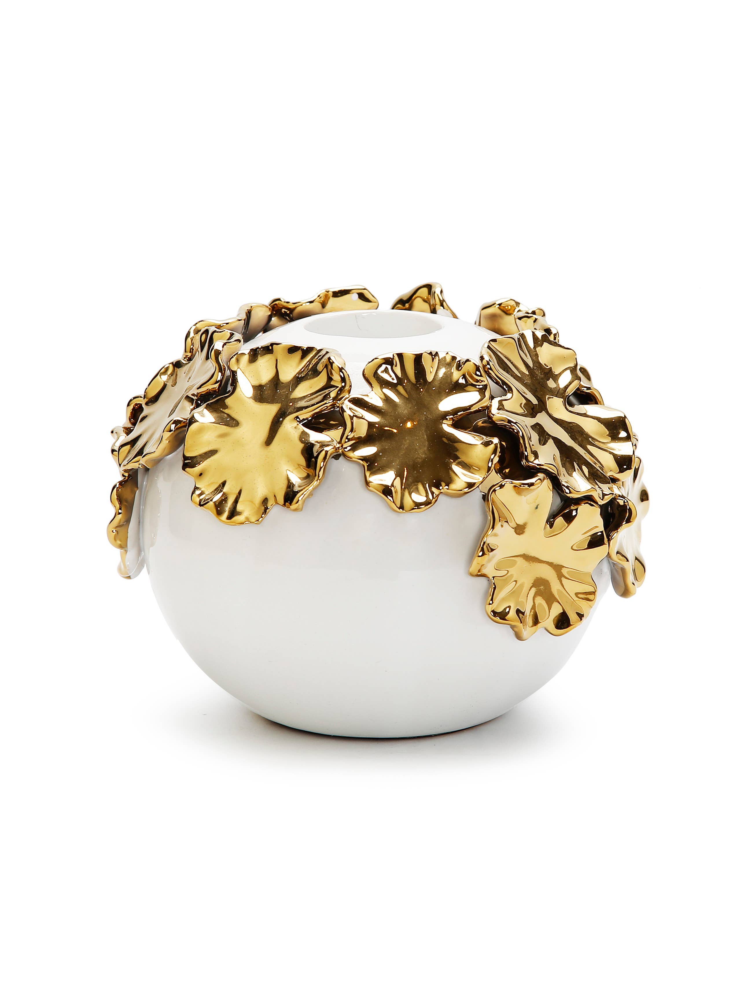 White Ceramic Candle Holder Gold Flower Design: Medium