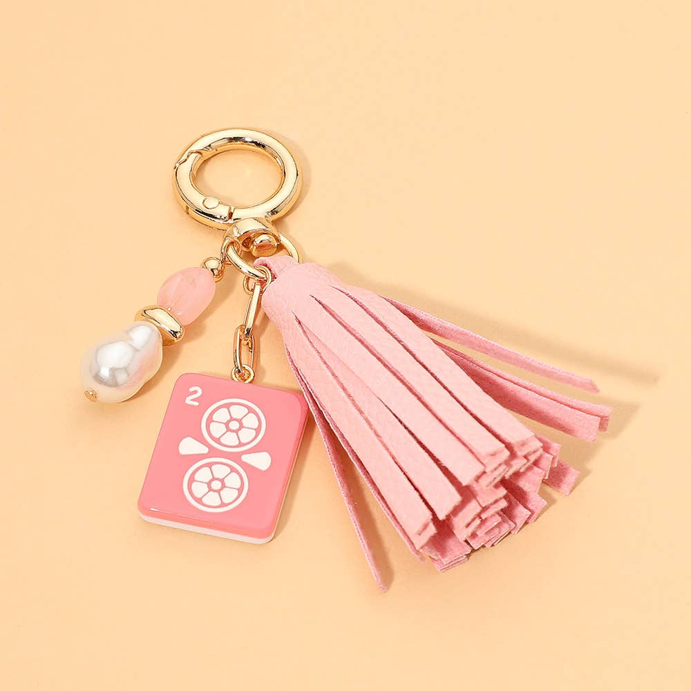 Pink Mahjong Tile Pearl Charm Faux Leather Tassel Keychain