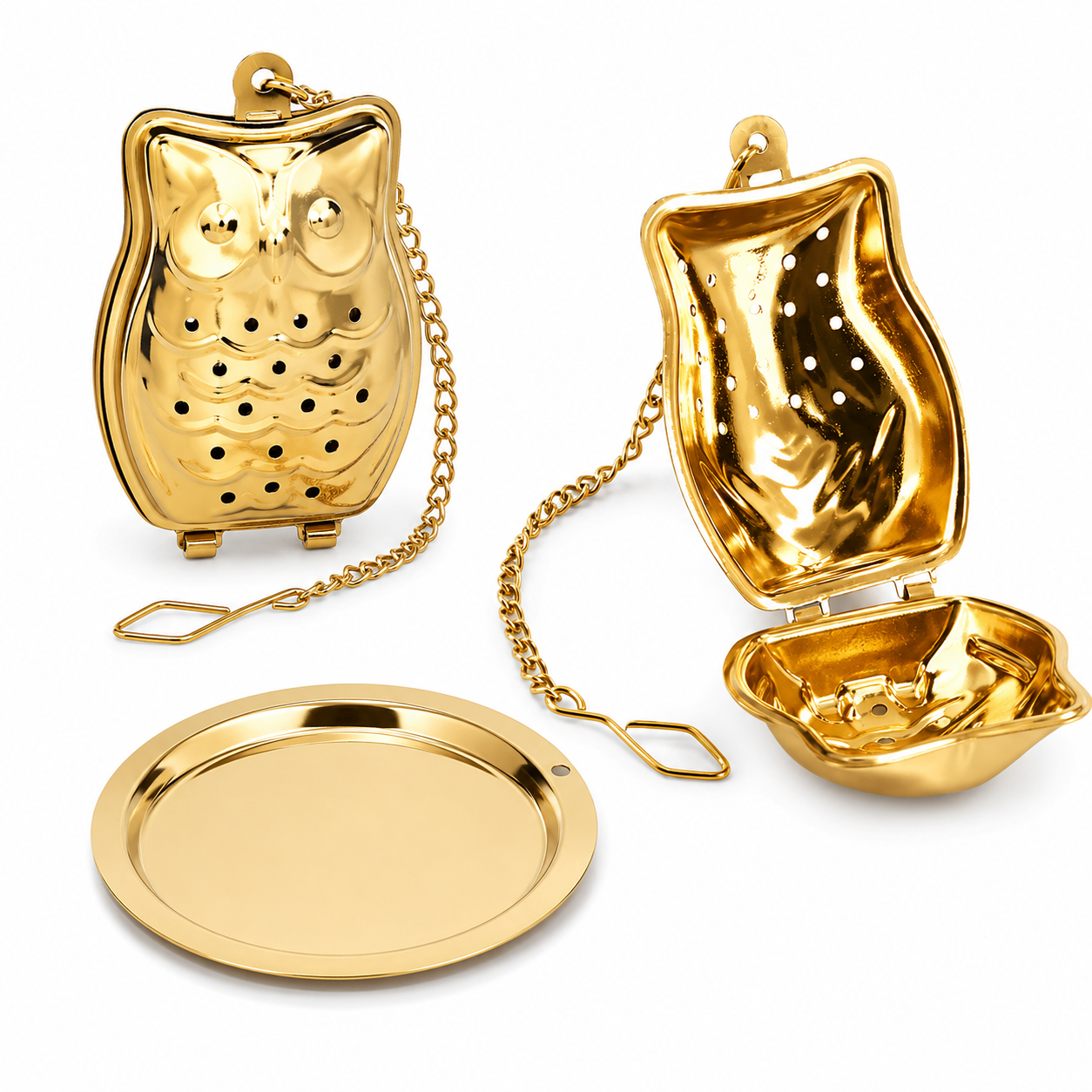 Gold Owl Tea Infuser w/ Drip Tray | Stainless Steel Strainer