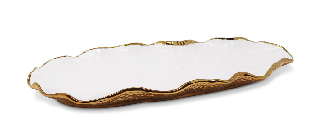 White Oval Tray New Bone China with Gold Scalloped Edge