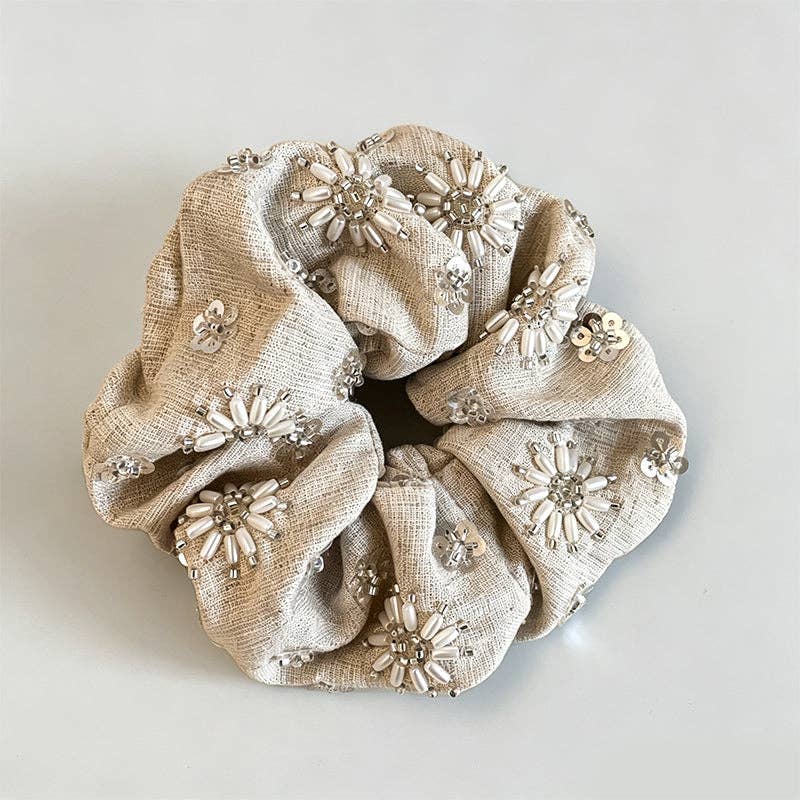 Natural Beaded Scrunchie: Round Beads / One Size