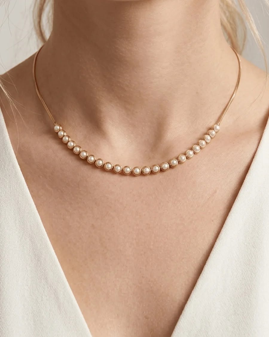 Gold Pearl Inlay Choker 18k plated Adjustable Necklace