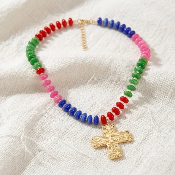 Faith Chunky Cross Colorful Acrylic Bead Necklace (Red & Green)